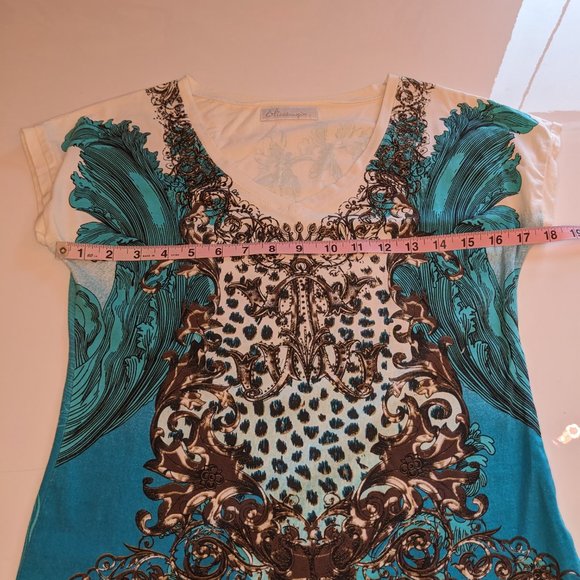 Vintage Y2K Designer Animal Print Crown Rhinestone Maximalist V Neck Tee - Picture 7 of 11